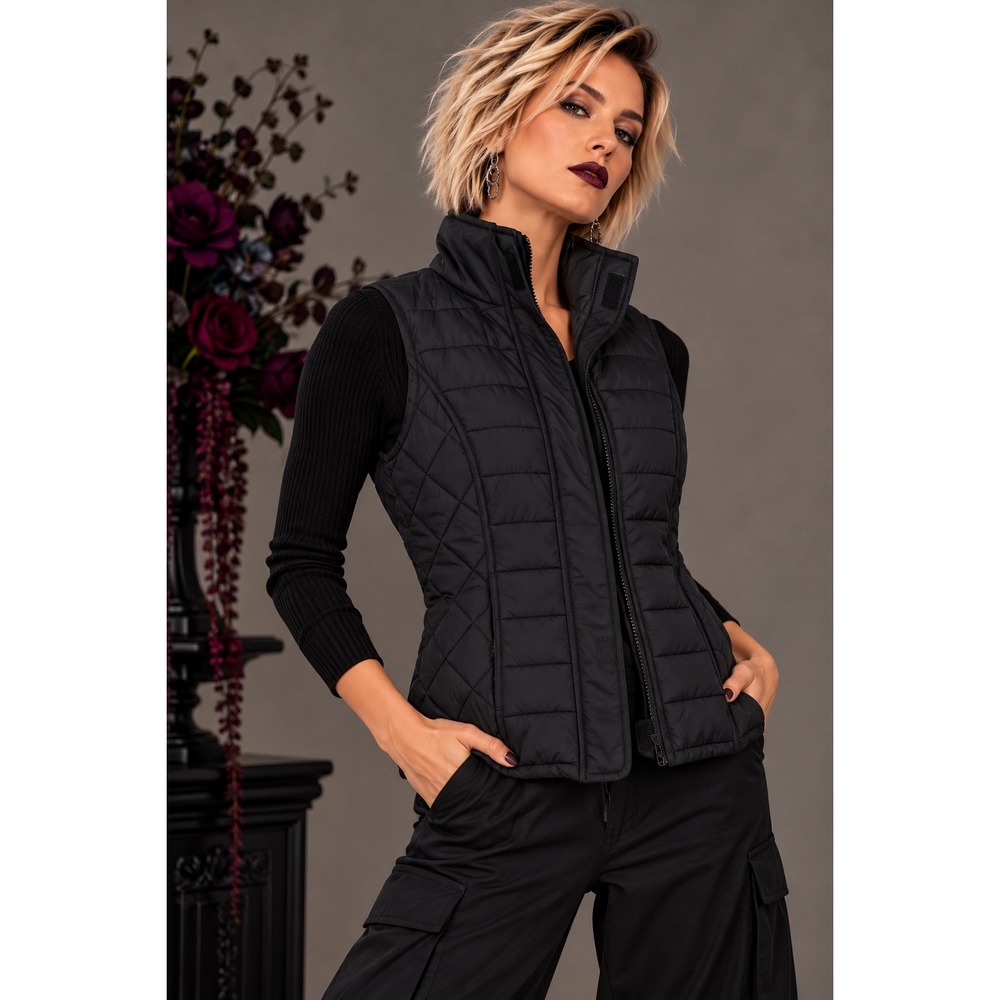 Harve Bernard Sport M Black Quilted Puffer Vest Zip Velcro Outdoor